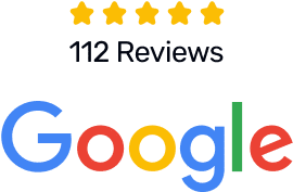 Google logo with five yellow stars, indicating a rating of 5 stars from 112 reviews.