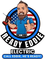 Cartoon of Eddie Burton smiling with a drill and thumbs-up in a blue circle with the USA flag